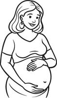 pregnant woman holding her belly black and white illustration vector