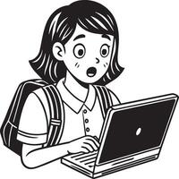 child working on laptop illustration black and white vector