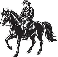 a black and white image of a cowboy on a horse. black and white illustration vector