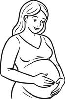 pregnant woman holding her belly black and white illustration vector