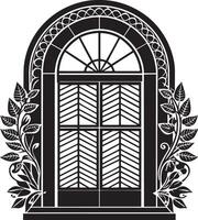 decorative window with flowers black and white illustration vector