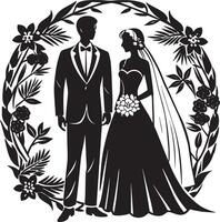 bride and groom silhouettes illustration black and white vector