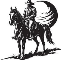 a black and white image of a cowboy on a horse. black and white illustration vector