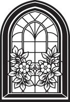 decorative window with flowers black and white illustration vector