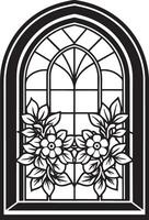 decorative window with flowers black and white illustration vector