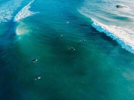 surfistas nadando en Oceano con ondas. aéreo ver foto