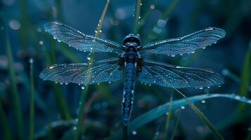 A Macro View of a Dew-Covered Dragonfly, Spring photo