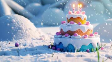 Multi-Tier Birthday Cake and Candles on a Thawed Lawn photo