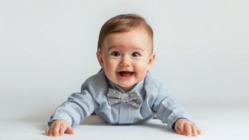 Stylish Baby Boy in Bowtie Outfit on isolated white background. photo