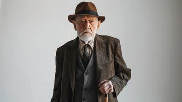 Respectable Old Man with Walking Stick on isolated white background. photo