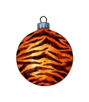 Watercolor painting orange Christmas ball in a tiger stripe. Decoration for the Year of the Tiger according to the Chinese Zodiac. A golden brown texture with wild stripes and a thin layer of fur. png