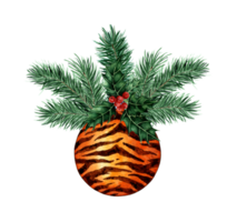 Watercolor painting Christmas ball with sprigs of fir and holly. Tiger print. Festive decor for a Christmas tree . Drawn by hand. png