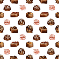 Watercolor pattern illustrations of chocolates and marshmallows. Seamless repeating sweets print. Design for the holidays. Isolated . Drawn by hand. png