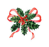 Watercolor painting red ribbon and holly with berries. Trendy Christmas illustrations. Christmas pictures. Christmas tree decoration. Isolated. Drawn by hand. png
