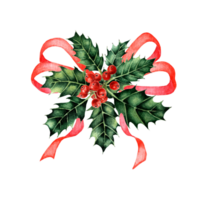 Aquarell Gemälde rot Band und Stechpalme mit Beeren. modisch Weihnachten Illustrationen. Weihnachten Bilder. Weihnachten Baum Dekoration. isoliert. gezeichnet durch Hand. png