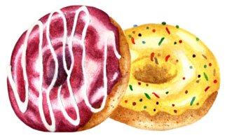 dos rosquillas cubierto con vidriar. uno es amarillo con Pastelería asperja, el otro es color cereza con un blanco raya. acuarela ilustración. aislado. dibujado por mano. png