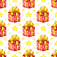 Watercolor illustration pattern red boxes with bow and stars. Holiday gifts, wrapped gift boxes, birthday, Christmas, New Year design elements. Isolated Drawn by hand. png