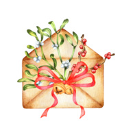 Aquarell Gemälde Mail Briefumschlag mit Grün Mistel Geäst, Ast mit rot Beeren, Glocken und Bogen. Weihnachten Abbildungen zum Neu Jahre Feier, Gruß Karten, Einladungen, Kalender. png