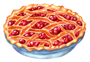 Wicker cherry pie, golden with a crispy crust, lots of juicy cherries. Watercolor illustration. Isolated. Drawn by hand. png