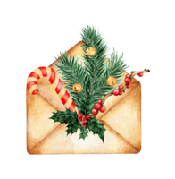 waterverf schilderij post- envelop met groen Spar takken, hulst, lolly en bellen. Kerstmis illustraties voor nieuw jaren viering, groet kaarten, uitnodigingen, kalenders. geïsoleerd png