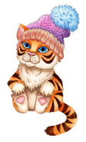 Watercolor painting cartoon tiger cub in a knitted hat. The symbol of the Chinese New Year, Christmas. Winter childrens illustration. Isolated png