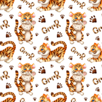 Watercolor painting pattern with cartoon tiger cubs, paw prints and lettering grrr. The symbol of the Chinese New Year, Christmas. Winter childrens illustration. Isolated png