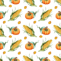 Watercolor pattern illustrations of corn, pumpkin and leaves. Seamless repeating harvest festival print. Thanksgiving Day. Isolated. Drawn by hand. png