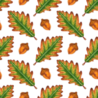 Watercolor painting background with acorns and autumn oak leaves in brown, yellow and green colors. Perfect for wallpapers, gift paper, patterns, web page backgrounds, autumn greeting cards. Drawn png