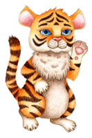 Watercolor painting of a cartoon tiger cub standing with a raised pack. The symbol of the Chinese New Year, Christmas. Winter childrens illustration. Isolated png