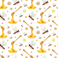 Watercolor painting pattern spoon with honey, drops and bees. Seamless repeating honey print. Beekeeping endless background, texture. Isolated . Drawn by hand. png