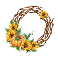 Watercolor painting colorful floral wreath with sunflowers, pumpkin, leaves, foliage, branches and place for your text. Perfect for wedding, quotes, birthday, boho style, invitations, greeting cards, png