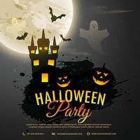 halloween night background with creepy castle, ghost, pumpkin and flying bats vector