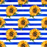 Watercolor illustration of a sunflower flower pattern on a blue striped background. Seamless repeating print of botanical floral background. Design elements flowers, buds and leaves. Isolated. Drawn png