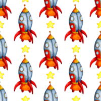 Watercolor painting pattern space and astronautics illustration. Hand drawn background for children. Cartoon rocket and star. Funny pattern for posters, banners, prints, clothes. Isolated png