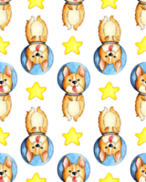 Watercolor pattern illustrations of corgi in space, and stars. Seamless repeating pattern of astronaut dogs. Puppy in a spacesuit. Children's print. Isolated. Drawn by hand. png