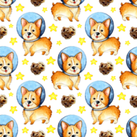 Watercolor illustration of a corgi pattern in space, stars and camets. Seamless repeating pattern of astronaut dogs. Puppy in a spacesuit. Children's print. Isolated. Drawn by hand. png