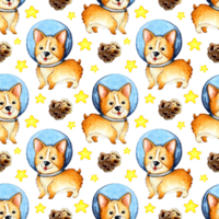 waterverf illustratie van een corgi patroon in ruimte, sterren en kameten. naadloos herhalen patroon van astronaut honden. puppy in een ruimtepak. kinderen afdrukken. geïsoleerd. getrokken door hand. png