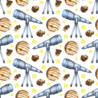 Watercolor painting seamless pattern with a telescope on a tripod to observe the cosmos, stars and planets of the solar system. Ornament for decoration and printing on fabric. Design element. png