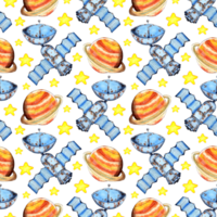 A watercolor painting of a satellite, stars, meteorite and planets. Space exploration, space travel, signal transmission. Childish style background. Illustration for textile, fabric, wallpaper, web png