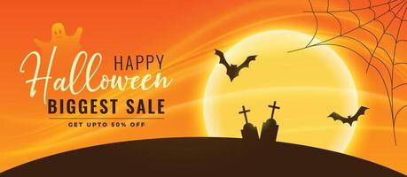 halloween sale banner with flying bats and graveyard vector