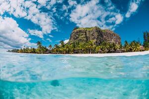 Tropical transparent ocean with Le Morne mountain and beach in Mauritius. photo