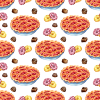 Watercolor painting pattern of cherry pie, donuts and chocolates. A festive treat. Seamless repeating sweets print. Time to drink tea. Isolated. Drawn by hand. png