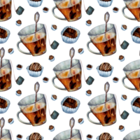 aquarelle illustration de une modèle de tasses avec thé et bonbons. sans couture Contexte. thé fête modèle. décoratif éléments avec traditionnel chaud les boissons pour votre emballage conception. multicolore décor. png