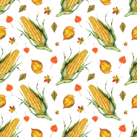 Watercolor seamless pattern of corn and leaves. Hand painted food isolated. Autumn harvest festival. Botanical illustration for design, print or background. png