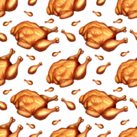 Fried chicken watercolor painting pattern. Thanksgiving autumn background with roasted turkeys. Seamless repeating holiday print. Isolated. Drawn by hand. png