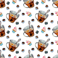 Watercolor pattern illustrations of cups with tea and sweets, sweets and cupcakes. Seamless background. Tea party template . Decorative elements with traditional hot drinks for your packaging design. png