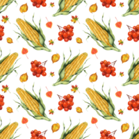 Watercolor seamless pattern of corn, leaves and rowan. Hand painted food isolated . Autumn harvest festival. Botanical illustration for design, print or background. png