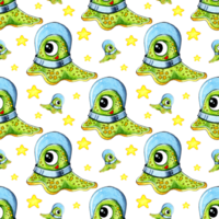 Watercolor painting seamless alien pattern. Hand drawn background doodle cosmic pattern. Cute green humanoid. Print for clothing, design, wrapping paper. Isolated png