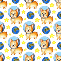 Watercolor illustrations of corgi pattern in space, planets and stars. Seamless repeating pattern of astronaut dogs. Puppy in a spacesuit. Isolated. Drawn by hand. png