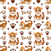 Watercolor painting pattern with cartoon tiger cubs, paw prints and the inscription roar. The symbol of the Chinese New Year, Christmas. Winter childrens illustration. Isolated png